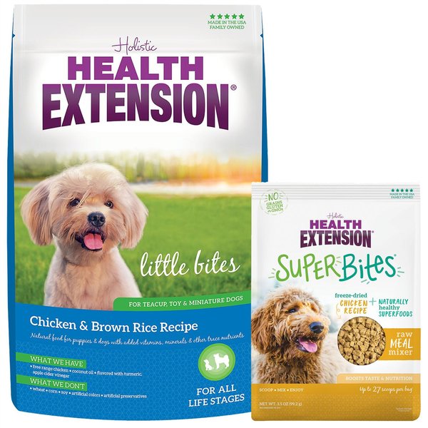 Health Extension Little Bites Chicken & Brown Rice Recipe Dry Food + Super Bites Chicken Recipe Freeze-Dried Raw Dog Food Mixer slide 1 of 9