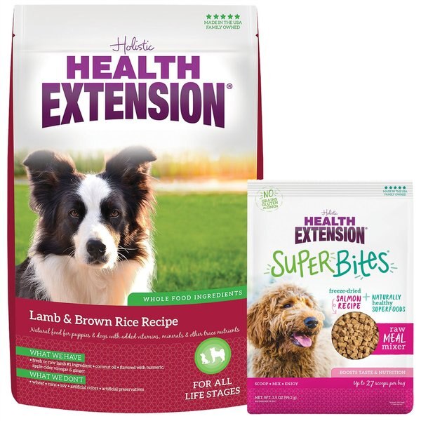 Health Extension Lamb & Brown Rice Dry Food + Super Bites Salmon Recipe Freeze-Dried Raw Dog Food Mixer slide 1 of 9