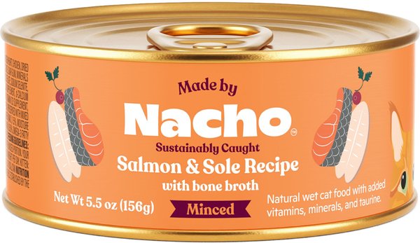 Made by Nacho Sustainably Caught Salmon & Sole Recipe with Bone Broth Minced Wet Cat Food, 5.5-oz can, case of 24 slide 1 of 7