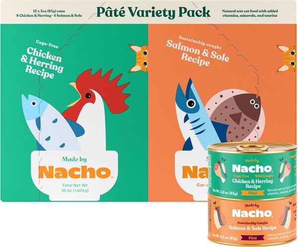 Made by Nacho Chicken, Herring & Salmon Variety Pack Grain-Free Pate Wet Cat Food, 3-oz can, case of 12 slide 1 of 6