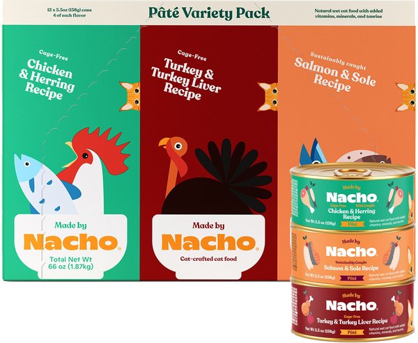 Made by Nacho Chicken, Herring, Salmon & Turkey Variety Pack Grain-Free Pate Wet Cat Food, 5.5-oz can, case of 12 slide 1 of 5