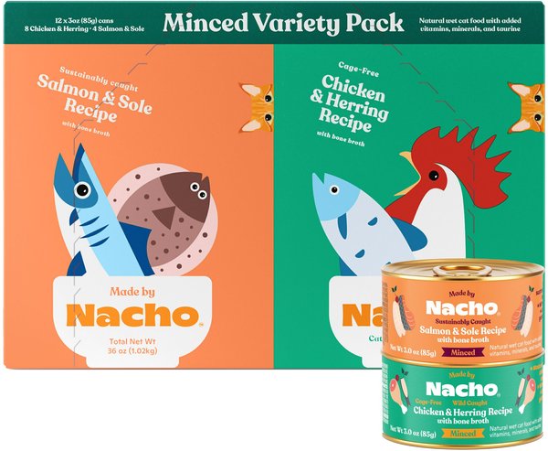Made by Nacho Chicken, Herring & Salmon Variety Pack Minced Wet Cat Food, 3-oz can, case of 12 slide 1 of 6