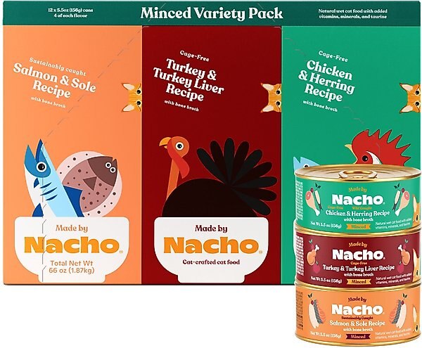 Made by Nacho Chicken, Herring, Salmon & Turkey Variety Pack Minced Wet Cat Food, 5.5-oz can, case of 12 slide 1 of 5