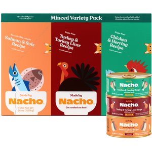 Made by Nacho Chicken, Herring, Salmon & Turkey Variety Pack Minced Wet Cat Food, 5.5-oz can, case of 12