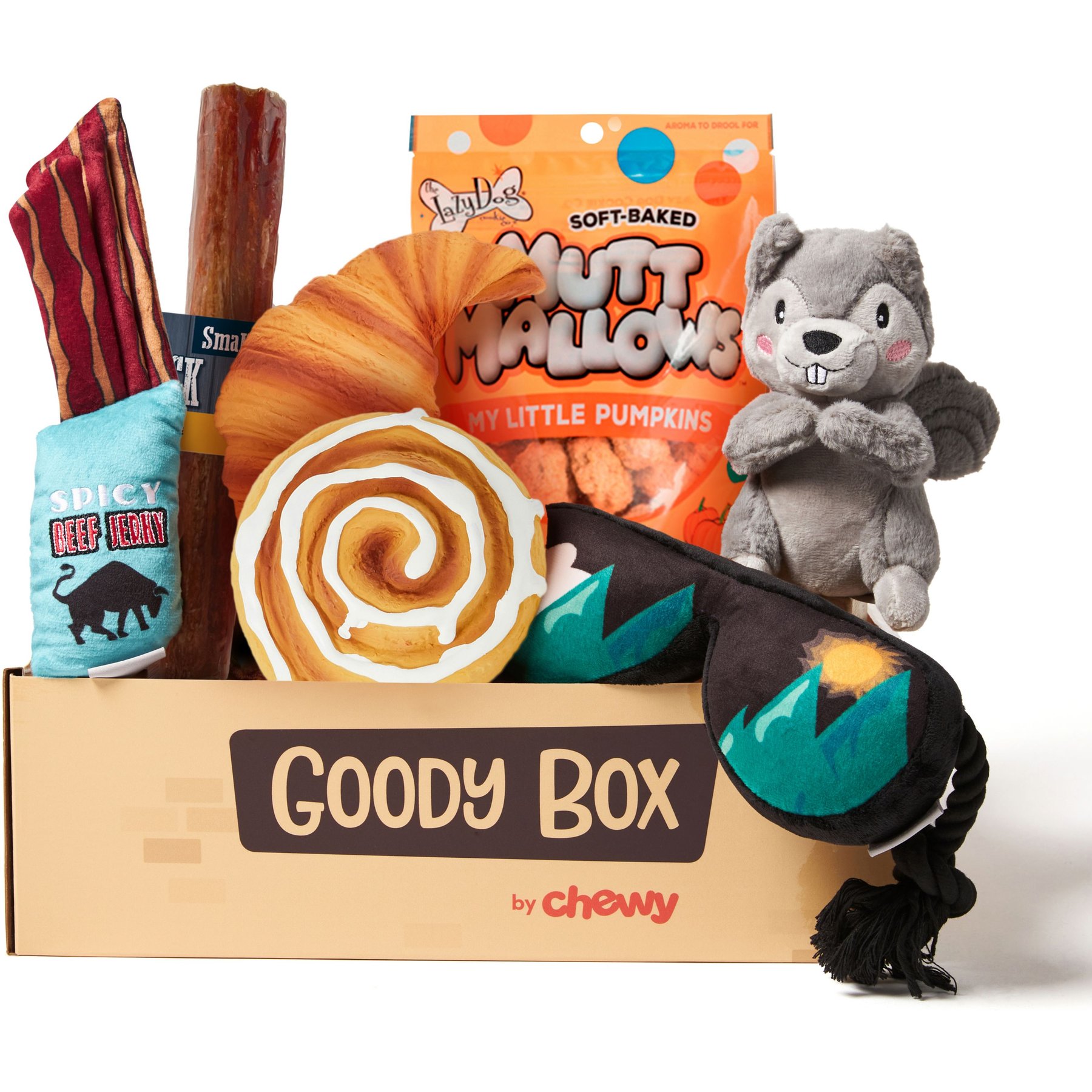 Bark Box 3-in-1 Dog Toy Protein Powder 2 Squeakers & Crinkles, Hide Treats