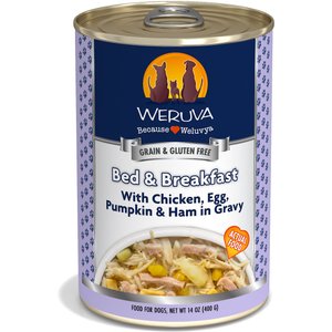 Weruva Bed & Breakfast with Chicken, Egg, Pumpkin & Ham in Gravy Grain-Free Canned Dog Food, 14-oz, case of 12