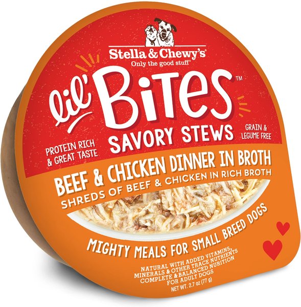 Stella & Chewy's Lil Bites Savory Stews Grain-Free Beef & Chicken in Broth Flavored Shredded Small Breed Wet Dog Food, 2.7-oz cup, case of 12 slide 1 of 4