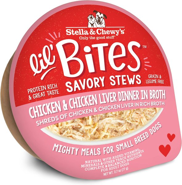 Stella & Chewy's Lil Bites Savory Stews Grain-Free Chicken & Chicken Liver in Broth Flavored Shredded Small Breed Wet Dog Food, 2.7-oz cup, case of 12 slide 1 of 5