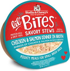 Stella & Chewy's Lil Bites Savory Stews Grain-Free Chicken & Salmon in Broth Flavored Shredded Small Breed Wet Dog Food, 2.7-oz cup, case of 12