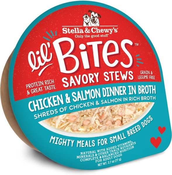 Stella & Chewy's Lil Bites Savory Stews Grain-Free Chicken & Salmon in Broth Flavored Shredded Small Breed Wet Dog Food, 2.7-oz cup, case of 12 slide 1 of 3