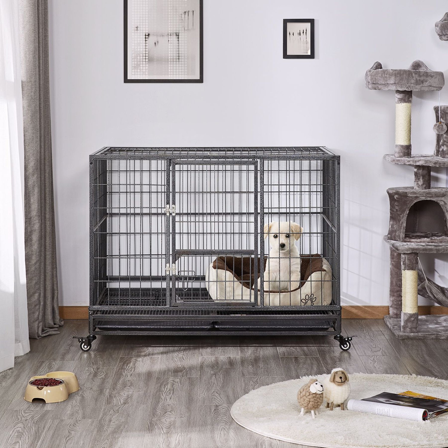 Yaheetech Wheels & Litter Pans Dog Crate, Black, 43-in