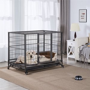 Yaheetech Wheels & Litter Pans Dog Crate, Black, 43-in