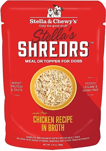Stella & Chewy's Stella’s Shredrs Cage Free Chicken Recipe in Broth Adult Wet Dog Food, 2.8-oz pouch, case of 24 slide 1 of 7