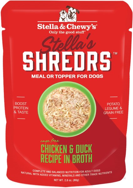 Stella & Chewy's Stella’s Shredrs Cage Free Chicken & Duck Recipe in Broth Adult Wet Dog Food, 2.8-oz pouch, case of 24 slide 1 of 7