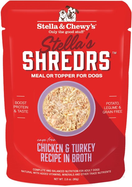Stella & Chewy's Stella’s Shredrs Cage Free Chicken & Turkey Recipe in Broth Adult Wet Dog Food, 2.8-oz pouch, case of 24 slide 1 of 7