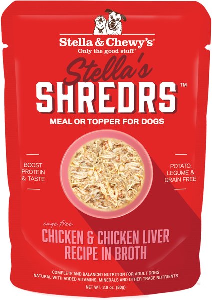 Stella & Chewy's Stella’s Shredrs Cage Free Chicken & Chicken Liver Recipe in Broth Adult Wet Dog Food, 2.8-oz pouch, case of 24 slide 1 of 7
