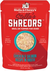 Stella & Chewy's Stella’s Shredrs Cage Free Chicken & Salmon Recipe in Broth Adult Wet Dog Food, 2.8-oz pouch, case of 24 slide 1 of 7