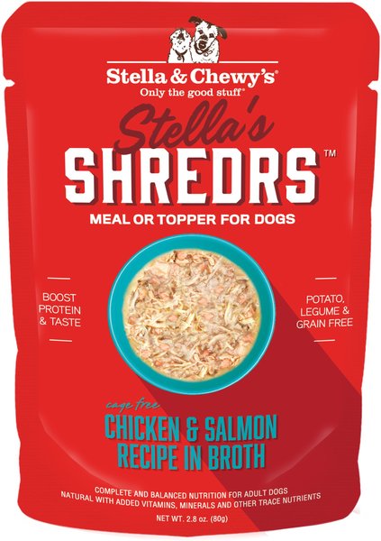 Stella & Chewy's Stella’s Shredrs Cage Free Chicken & Salmon Recipe in Broth Adult Wet Dog Food, 2.8-oz pouch, case of 24 slide 1 of 7