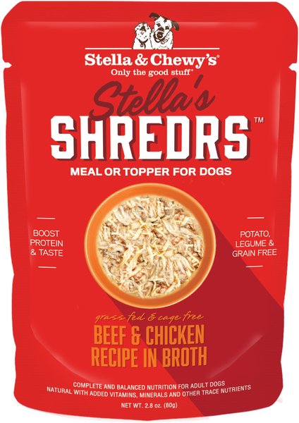 Stella & Chewy's Stella’s Shredrs Grass Fed & Cage Free Beef & Chicken Recipe in Broth Adult Wet Dog Food, 2.8-oz pouch, case of 24 slide 1 of 7