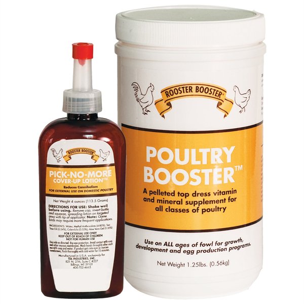 Rooster Booster Poultry Booster Pellet Vitamin Supplement, 1.25-lb Jar + Pick-No-More Cover Up Poultry Lotion, 4-oz bottle  slide 1 of 5