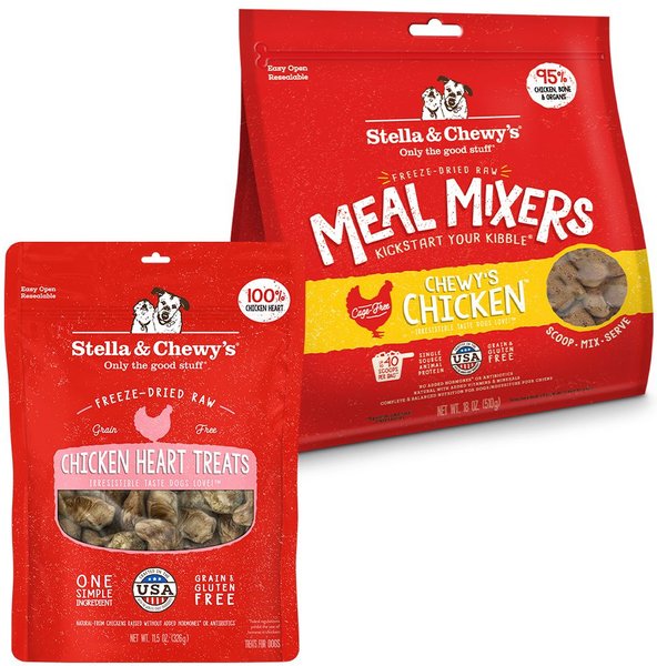 Stella & Chewy's Chicken Hearts Treats + Chewy's Chicken Meal Mixers Freeze-Dried Dog Food Topper  slide 1 of 5