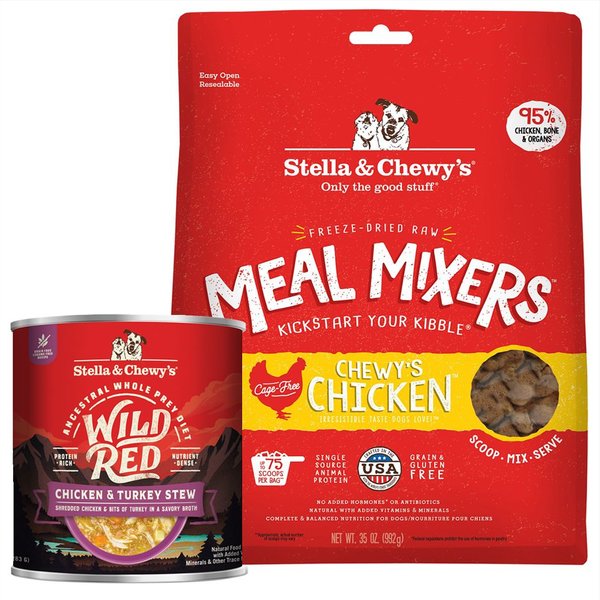 Stella & Chewy's Wild Red Chicken & Turkey Stew Wet Food + Chewy's Chicken Meal Mixers Freeze-Dried Dog Food Topper slide 1 of 6