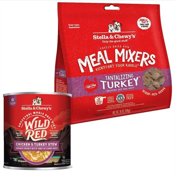 Stella & Chewy's Wild Red Chicken & Turkey Stew Wet Food + Tantalizing Turkey Meal Mixers Freeze-Dried Dog Food Topper  slide 1 of 8