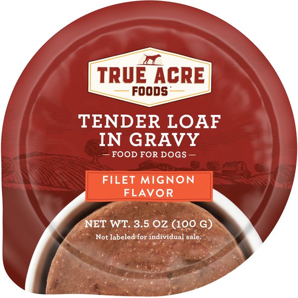 True Acre Foods Filet Mignon Flavor Tender Loaf in Gravy, Wet Dog Food Cups, 3.5-oz, case of 12 slide 1 of 9