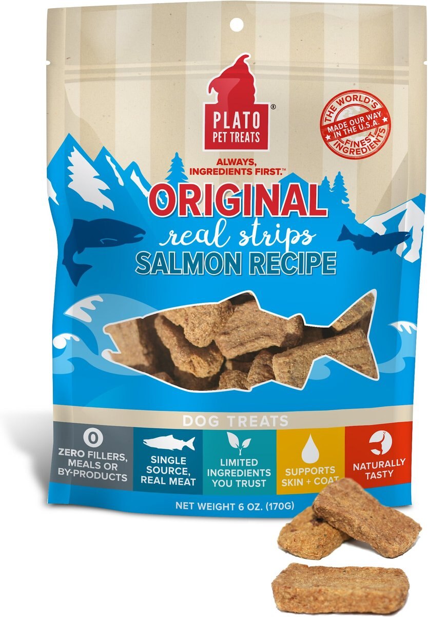 PLATO Original Real Strips Salmon Recipe Dog Treats, 6oz bag
