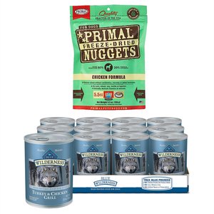 Blue Buffalo Wilderness Turkey & Chicken Canned Food + Primal Chicken Formula Freeze-Dried Dog Food