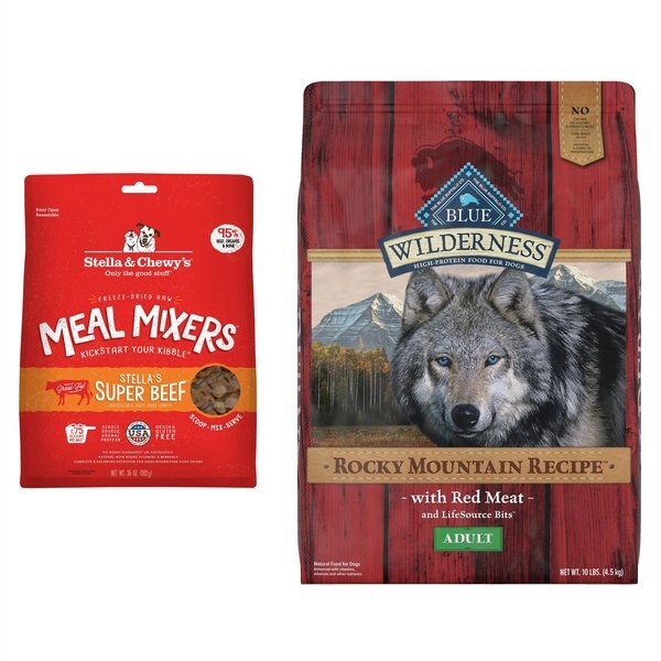 Blue Buffalo Wilderness Rocky Mountain Red Meat Dry Dog Food + Stella & Chewy's Stella's Super Beef Meal Dog Food Topper slide 1 of 6