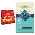 Blue Buffalo Life Protection Formula Fish & Brown Rice Dry Food + Stella & Chewy's Chewy's Chicken Meal Mixers Freeze-Dried Dog Food Topper