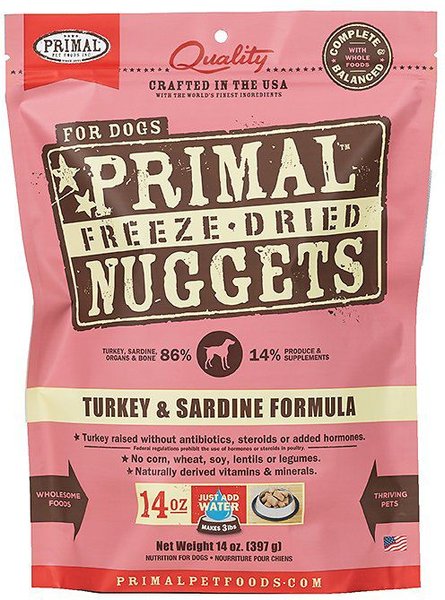 Primal Turkey & Sardine Formula Nuggets Grain-Free Raw Freeze-Dried Dog Food, 14-oz bag, bundle of 2 slide 1 of 6