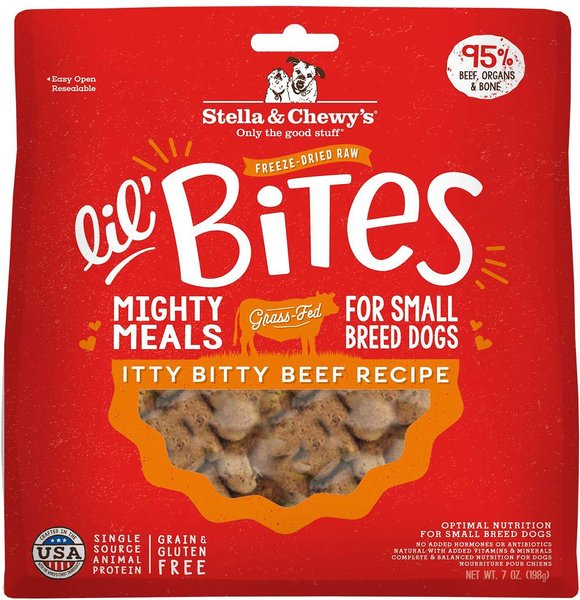 Stella & Chewy's Lil' Bites Itty Bitty Beef Recipe Small Breed Freeze-Dried Raw Dog Food, 7-oz bag, bundle of 2 slide 1 of 3