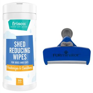 FURminator Long Hair Dog Deshedding Tool + Frisco Shed Reducing Grooming Wipes for Dogs & Cats
