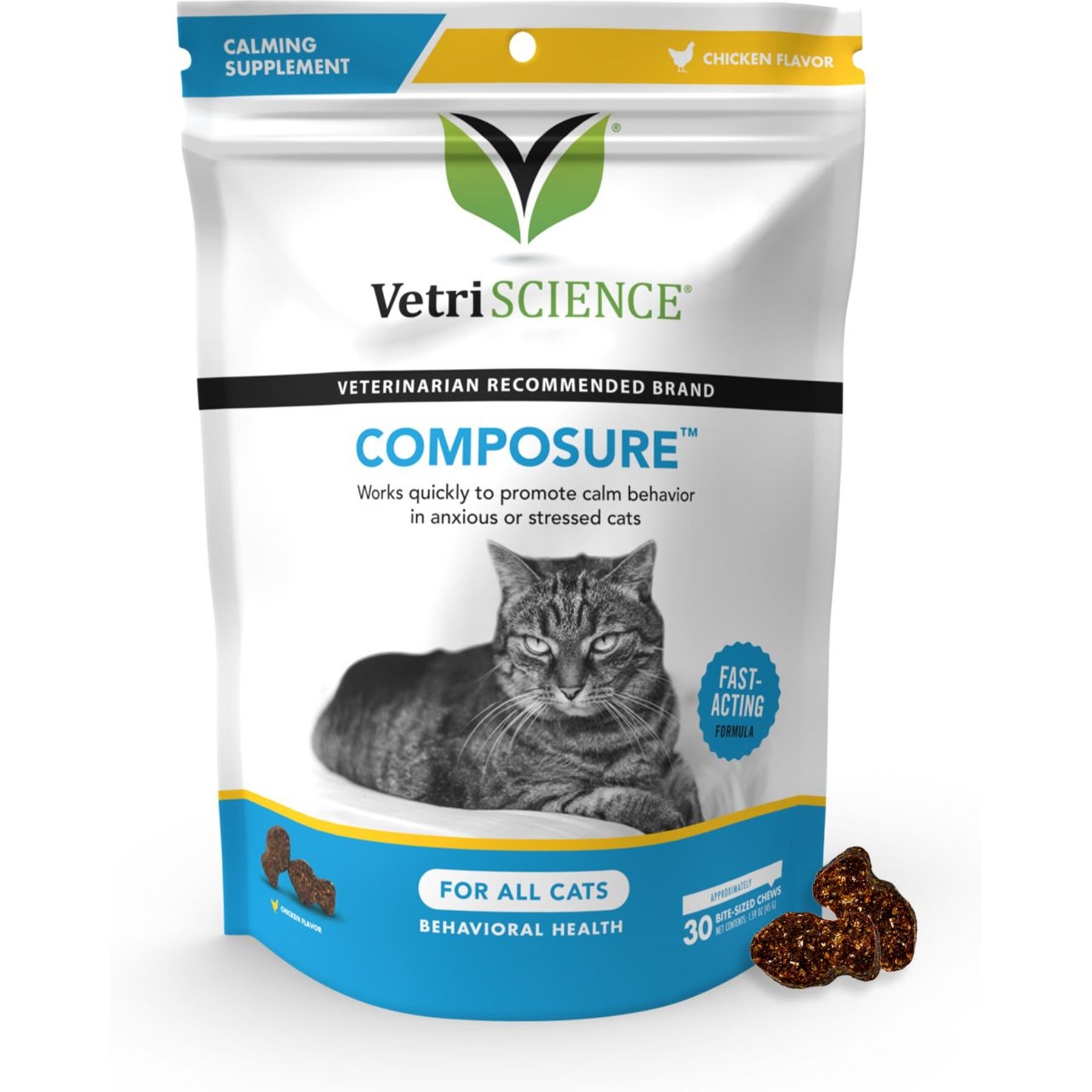 VETRISCIENCE Composure Chicken Liver Flavored Soft Chews Calming Supplement for Cats 60 count Chewy