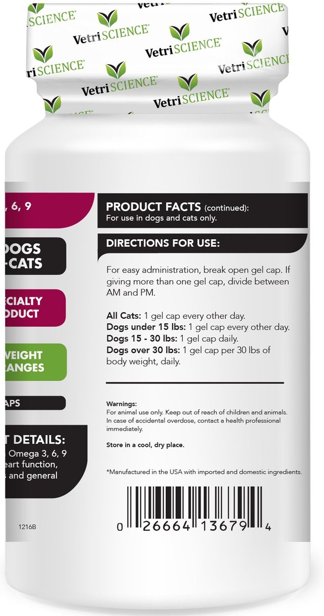 VetriScience Omega 3 6 9 Softgels Supplement for Cats Dogs