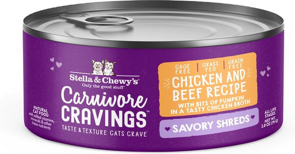 Stella & Chewy's Savory Shreds Chicken & Beef Flavored Shredded Wet Cat Food, 2.8-oz can, case of 24 slide 1 of 8