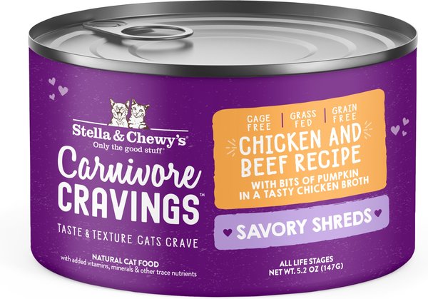 Stella & Chewy's Savory Shreds Chicken & Beef Flavored Shredded Wet Cat Food, 5.2-oz can, case of 24 slide 1 of 8