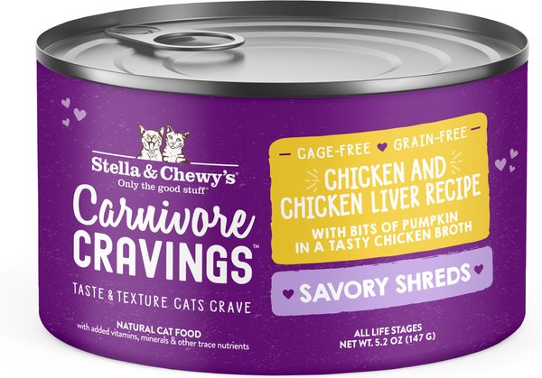 Stella & Chewy's Savory Shreds Chicken & Chicken Liver Flavored Shredded Wet Cat Food, 5.2-oz can, case of 24 slide 1 of 8