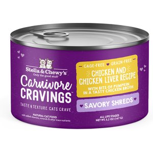Stella & Chewy's Savory Shreds Chicken & Chicken Liver Flavored Shredded Wet Cat Food, 5.2-oz can, case of 24