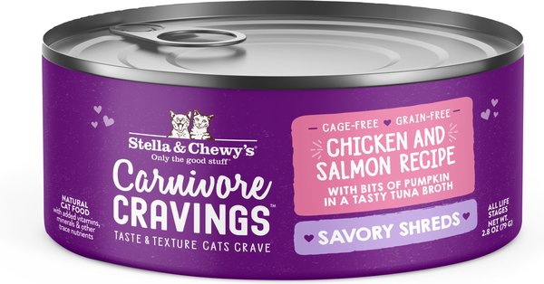 Stella & Chewy's Savory Shreds Chicken & Salmon Flavored Shredded Wet Cat Food, 2.8-oz can, case of 24 slide 1 of 8