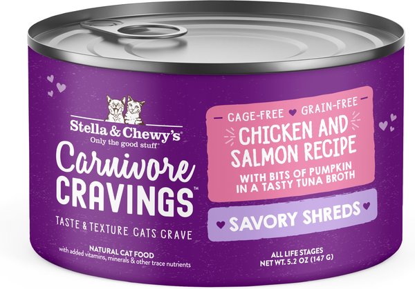 Stella & Chewy's Savory Shreds Chicken & Salmon Flavored Shredded Wet Cat Food, 5.2-oz can, case of 24 slide 1 of 8