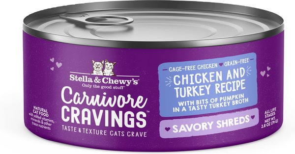 Stella & Chewy's Savory Shreds Chicken & Turkey Flavored Shredded Wet Cat Food, 2.8-oz can, case of 24 slide 1 of 8