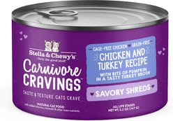 Stella & Chewy's Savory Shreds Chicken & Turkey Flavored Shredded Wet Cat Food, 5.2-oz can, case of 24