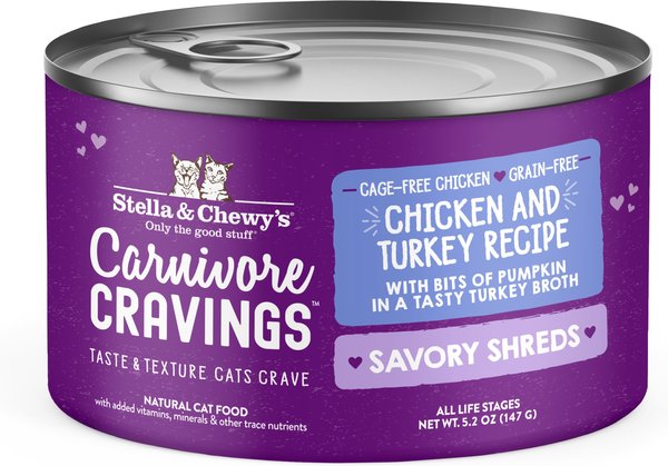 Stella & Chewy's Savory Shreds Chicken & Turkey Flavored Shredded Wet Cat Food, 5.2-oz can, case of 24 slide 1 of 8