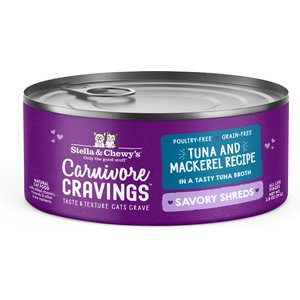 Stella & Chewy's Savory Shreds Tuna & Mackerel Flavored Shredded Wet Cat Food, 2.8-oz can, case of 24