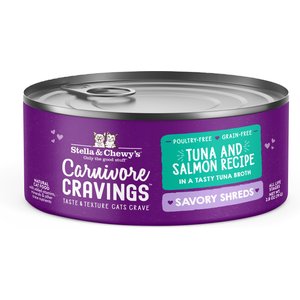 Stella & Chewy's Savory Shreds Tuna & Salmon Flavored Shredded Wet Cat Food, 2.8-oz can, case of 24