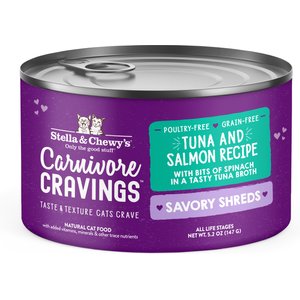 Stella & Chewy's Savory Shreds Tuna & Salmon Flavored Shredded Wet Cat Food, 5.2-oz can, case of 24
