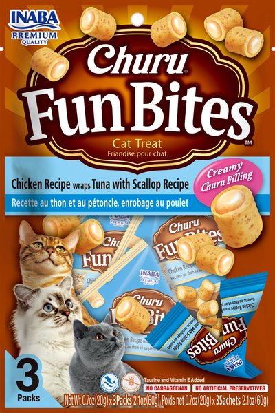 Inaba Cat Churu Fun Bites Chicken, Tuna, & Scallop Flavored Wraps Natural Chewy Cat Treats, 2.1-oz, 3 count slide 1 of 8